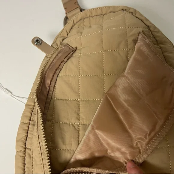 Tan Quilted Pickleball Puffer Sling Bag One Strap Shoulder Backpack - Picture 6 of 10